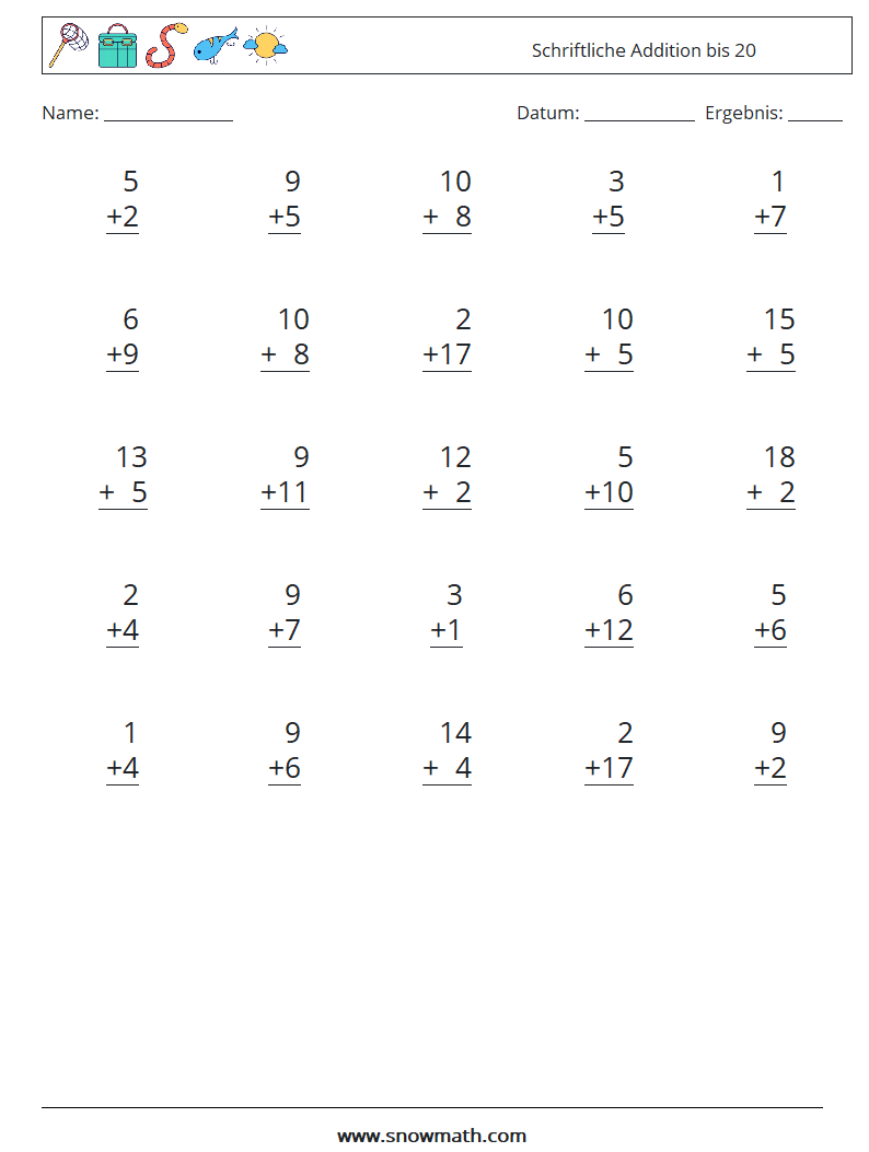 (25) Schriftliche Addition bis 20 Mathe-Arbeitsblätter 11
