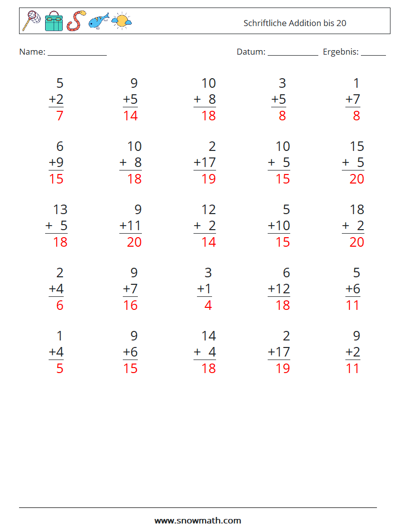 (25) Schriftliche Addition bis 20 Mathe-Arbeitsblätter 11 Frage, Antwort