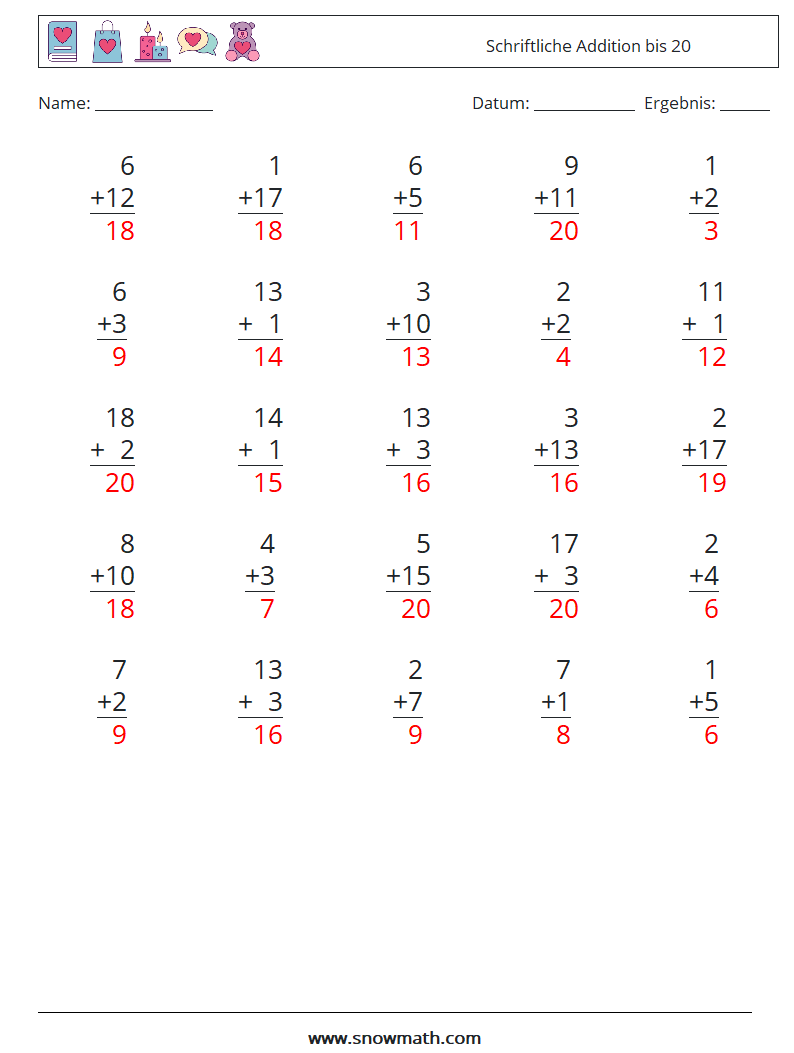 (25) Schriftliche Addition bis 20 Mathe-Arbeitsblätter 12 Frage, Antwort