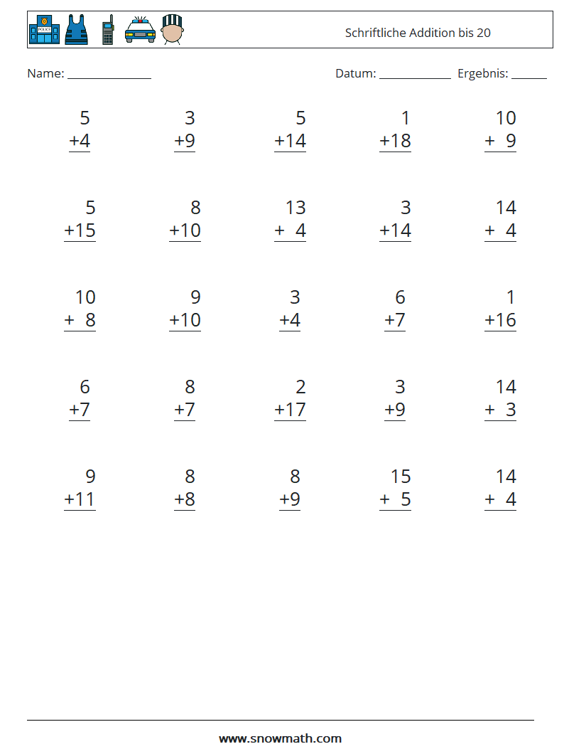 (25) Schriftliche Addition bis 20 Mathe-Arbeitsblätter 13