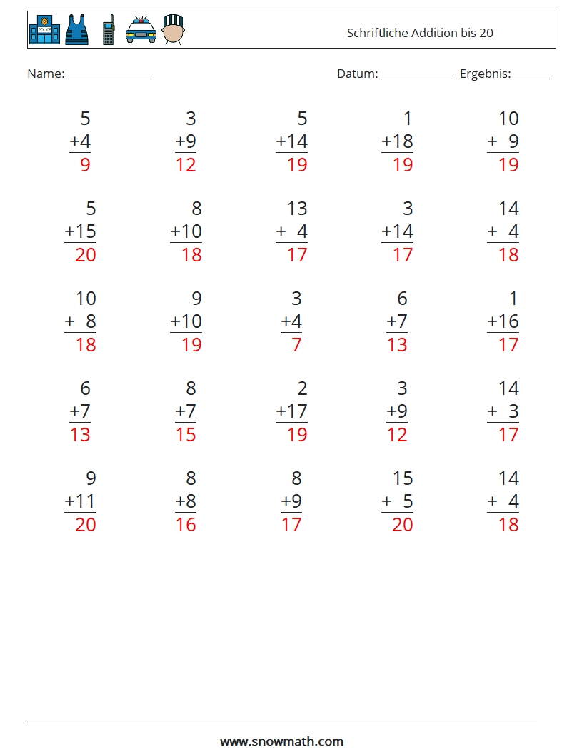 (25) Schriftliche Addition bis 20 Mathe-Arbeitsblätter 13 Frage, Antwort