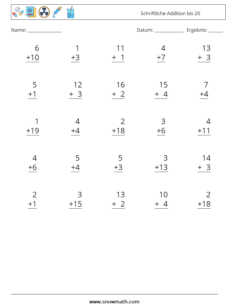 (25) Schriftliche Addition bis 20 Mathe-Arbeitsblätter 14