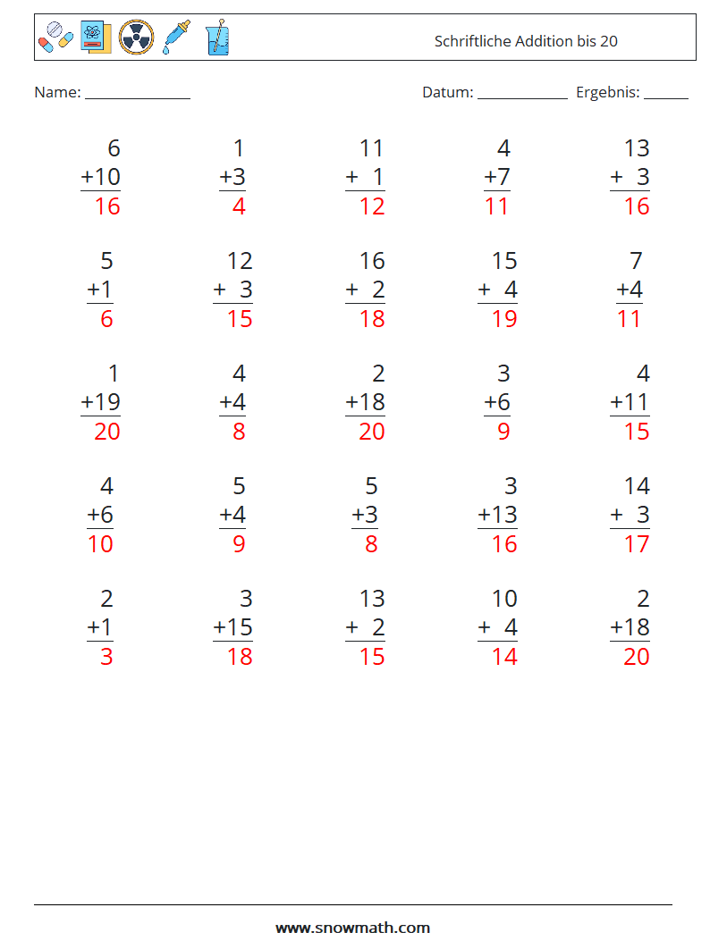 (25) Schriftliche Addition bis 20 Mathe-Arbeitsblätter 14 Frage, Antwort