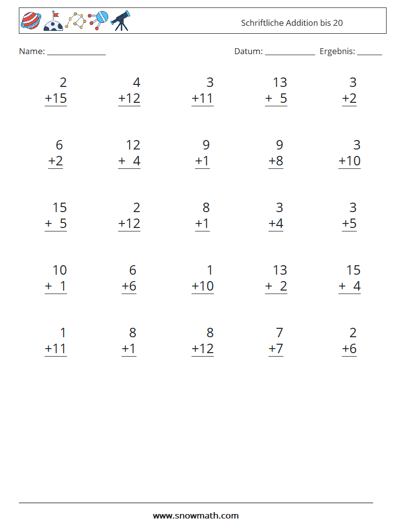 (25) Schriftliche Addition bis 20 Mathe-Arbeitsblätter 15