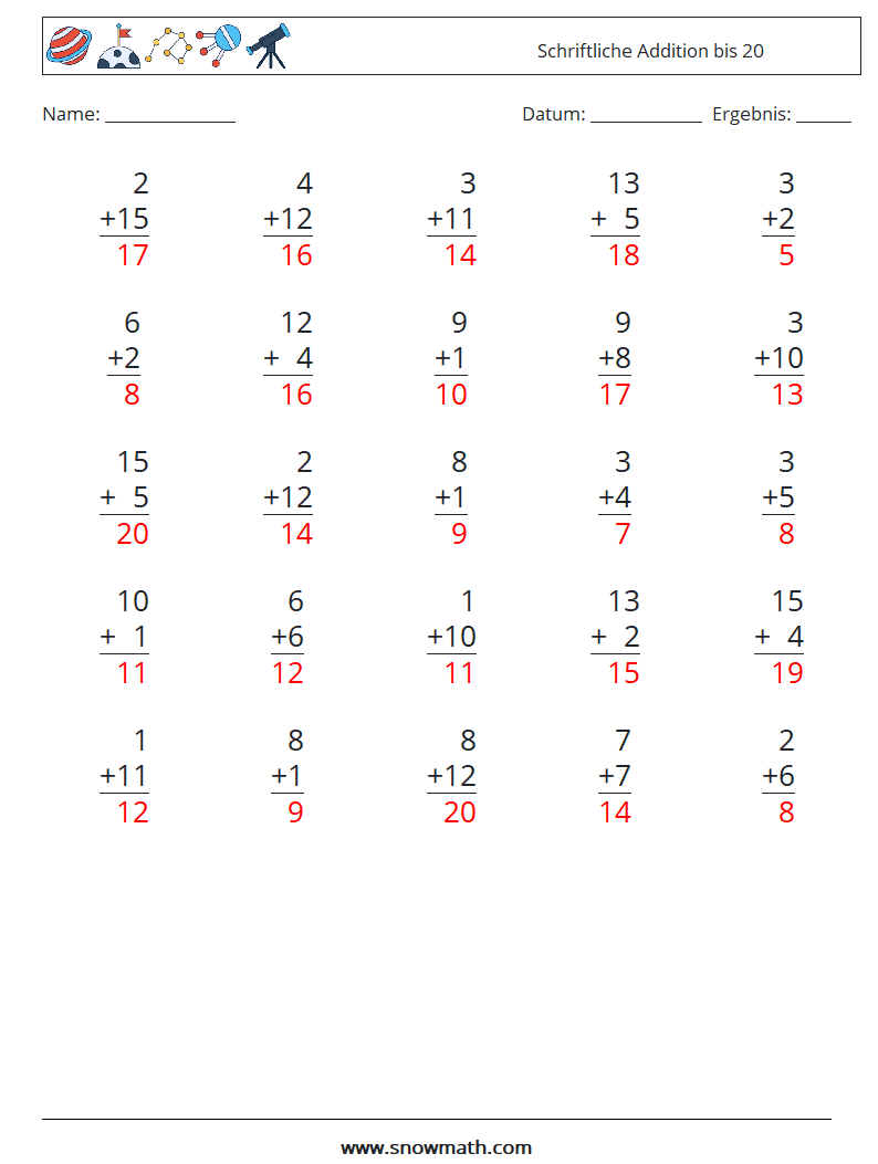 (25) Schriftliche Addition bis 20 Mathe-Arbeitsblätter 15 Frage, Antwort
