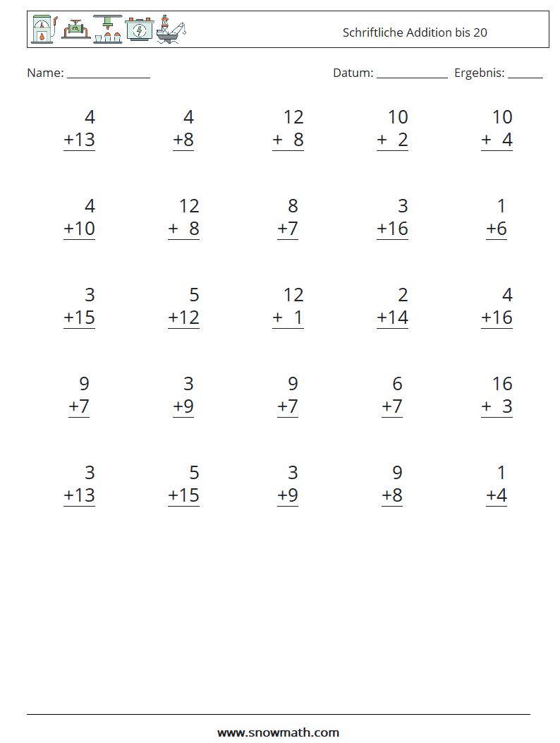 (25) Schriftliche Addition bis 20 Mathe-Arbeitsblätter 16