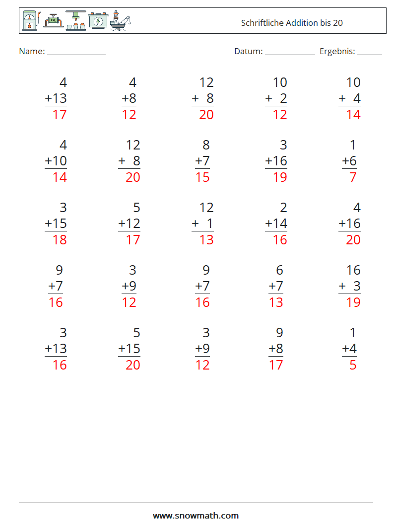 (25) Schriftliche Addition bis 20 Mathe-Arbeitsblätter 16 Frage, Antwort