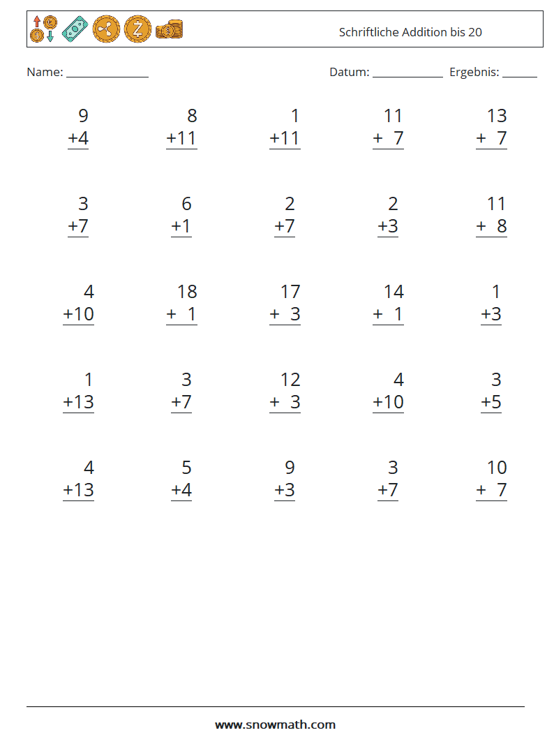 (25) Schriftliche Addition bis 20 Mathe-Arbeitsblätter 17