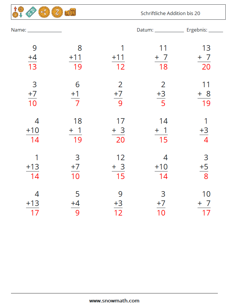 (25) Schriftliche Addition bis 20 Mathe-Arbeitsblätter 17 Frage, Antwort