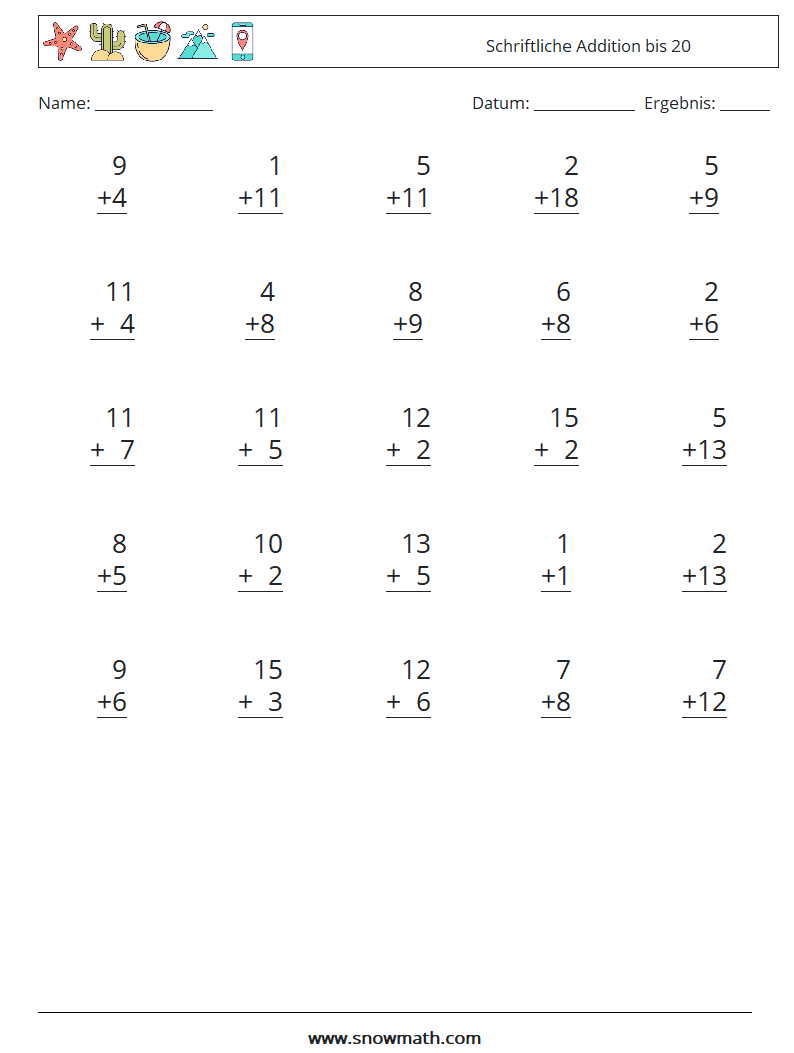 (25) Schriftliche Addition bis 20 Mathe-Arbeitsblätter 18