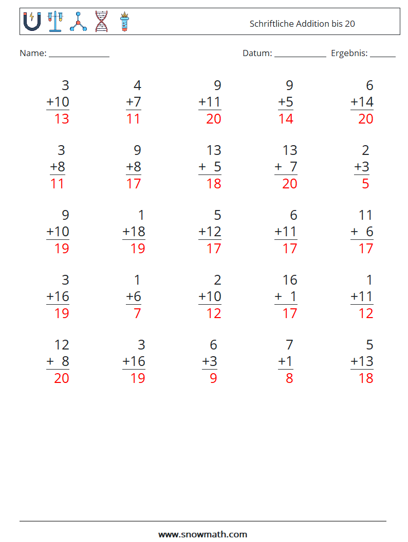 (25) Schriftliche Addition bis 20 Mathe-Arbeitsblätter 1 Frage, Antwort