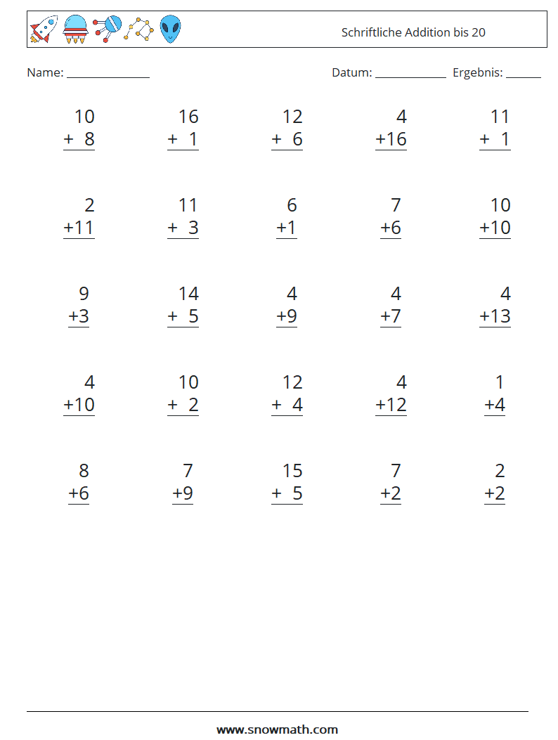 (25) Schriftliche Addition bis 20 Mathe-Arbeitsblätter 2