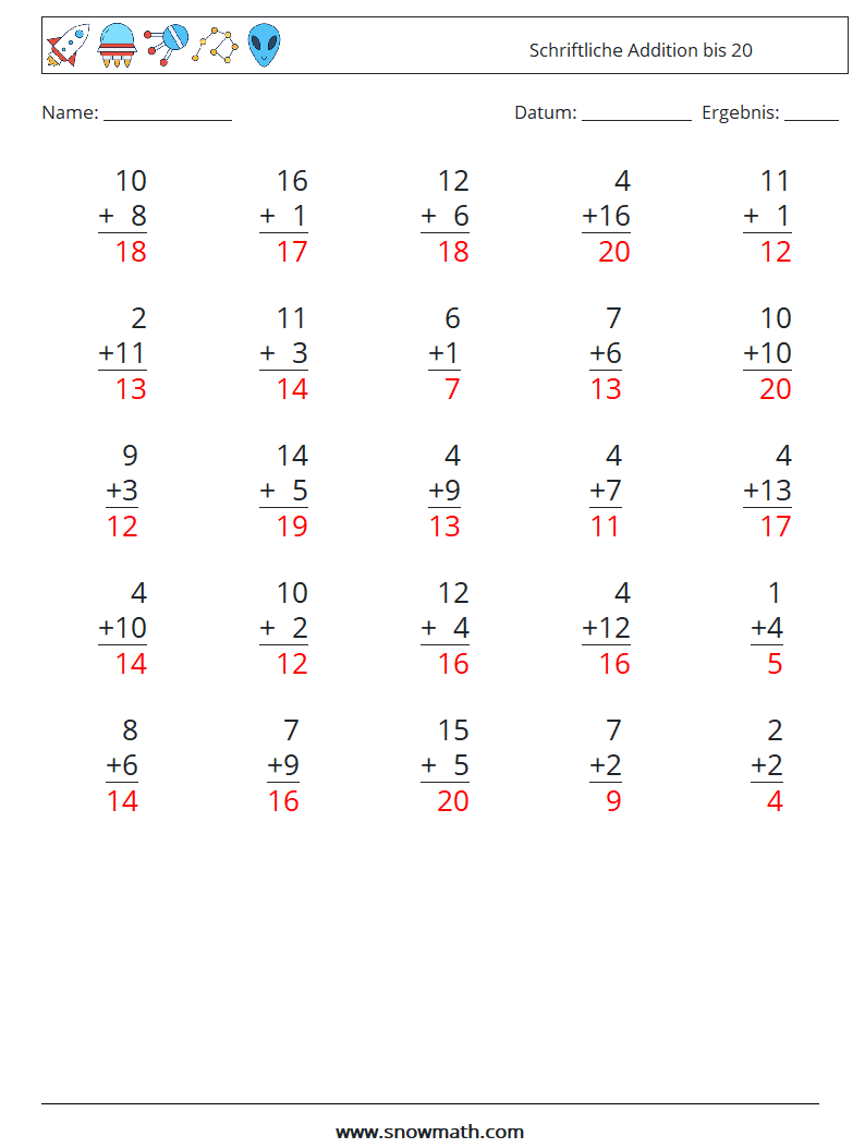 (25) Schriftliche Addition bis 20 Mathe-Arbeitsblätter 2 Frage, Antwort