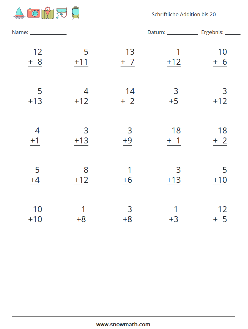 (25) Schriftliche Addition bis 20 Mathe-Arbeitsblätter 3