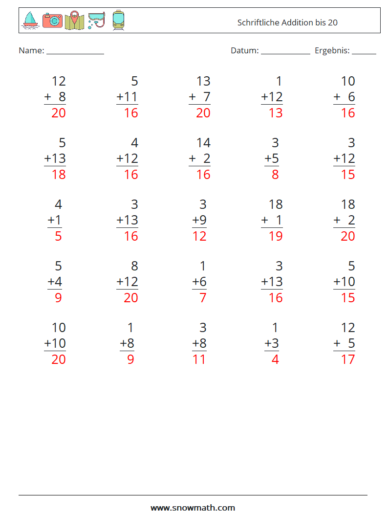 (25) Schriftliche Addition bis 20 Mathe-Arbeitsblätter 3 Frage, Antwort