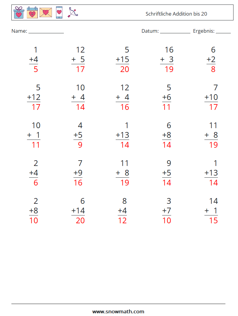 (25) Schriftliche Addition bis 20 Mathe-Arbeitsblätter 4 Frage, Antwort