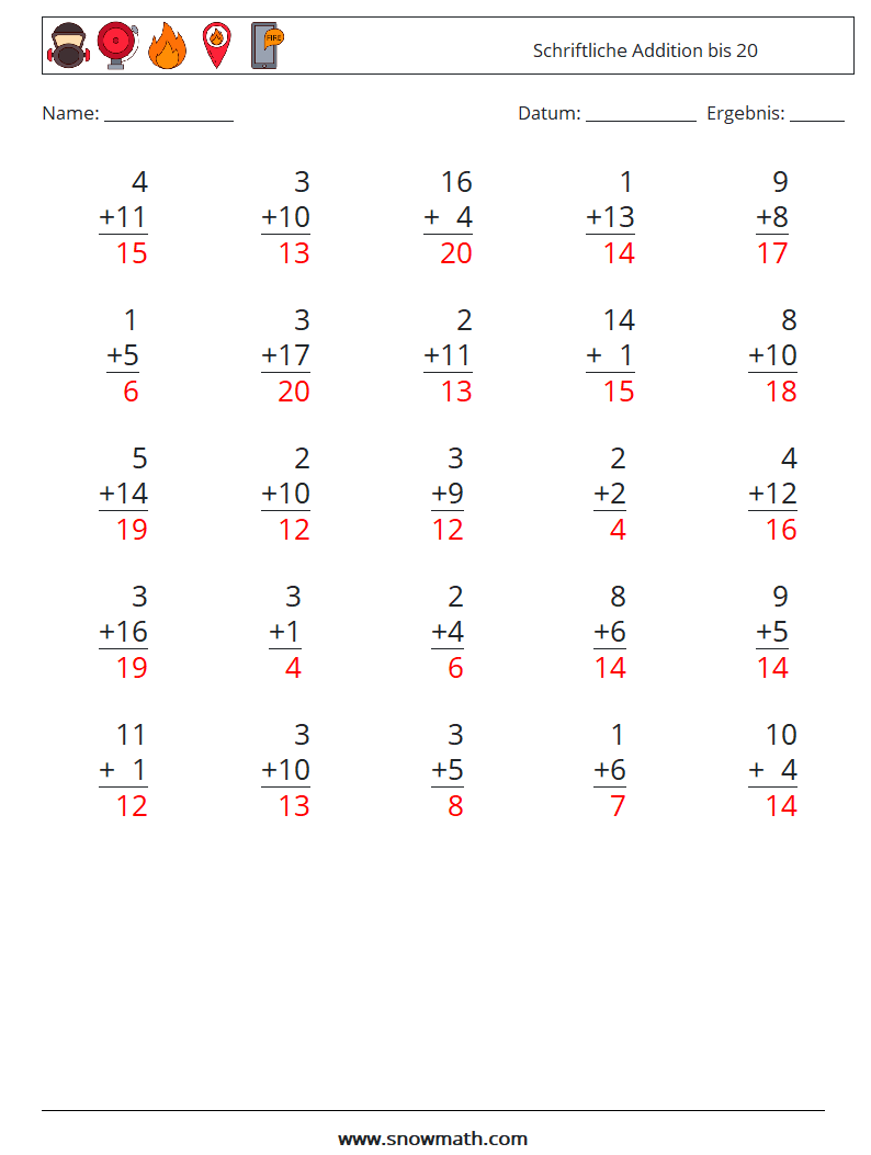 (25) Schriftliche Addition bis 20 Mathe-Arbeitsblätter 5 Frage, Antwort