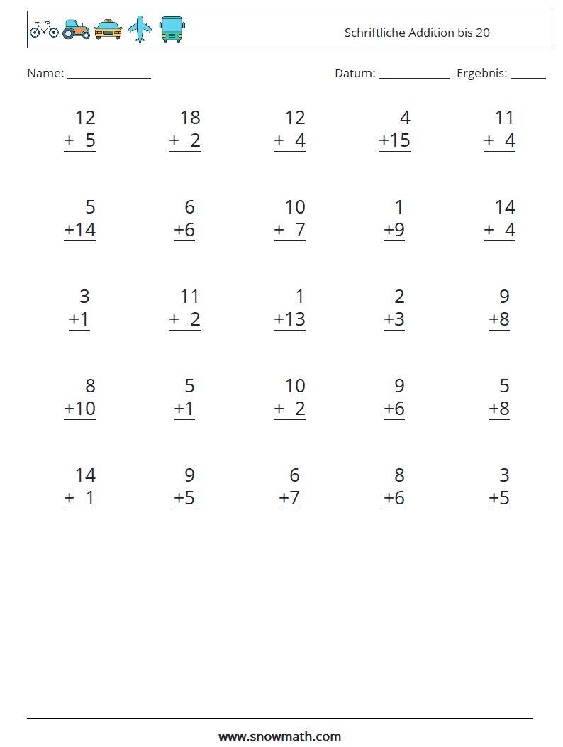 (25) Schriftliche Addition bis 20 Mathe-Arbeitsblätter 6