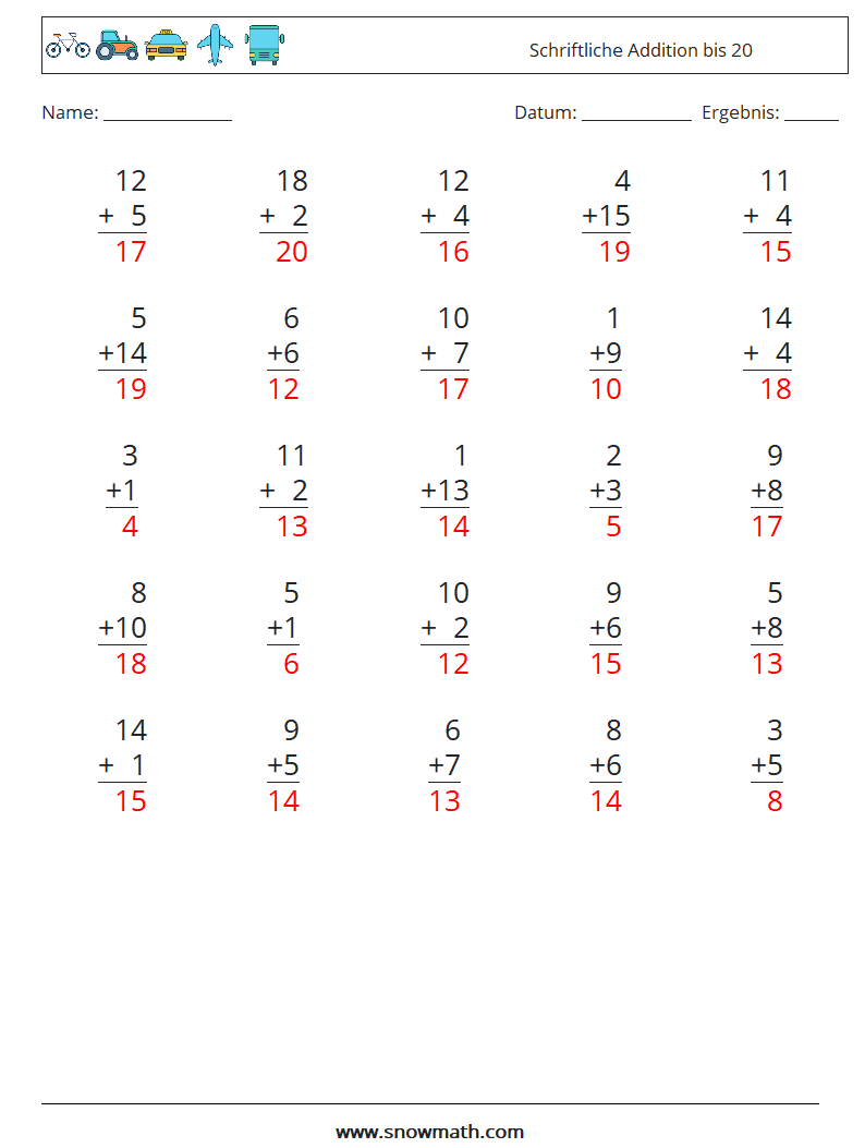 (25) Schriftliche Addition bis 20 Mathe-Arbeitsblätter 6 Frage, Antwort