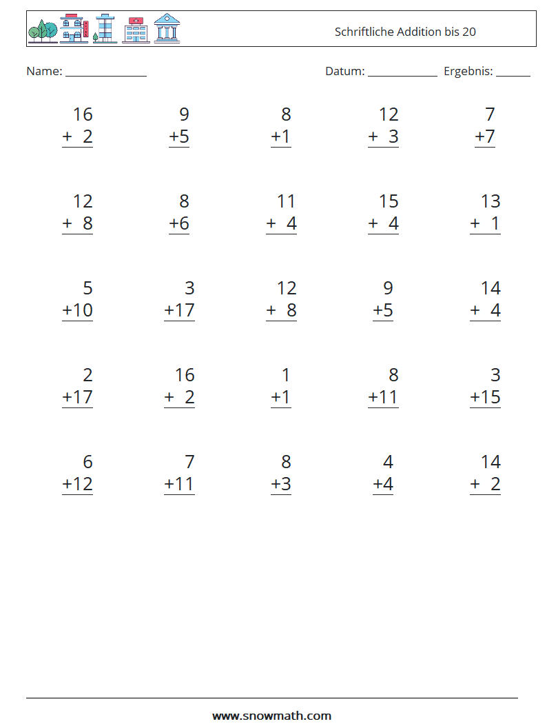 (25) Schriftliche Addition bis 20 Mathe-Arbeitsblätter 7