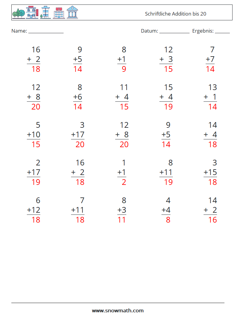 (25) Schriftliche Addition bis 20 Mathe-Arbeitsblätter 7 Frage, Antwort