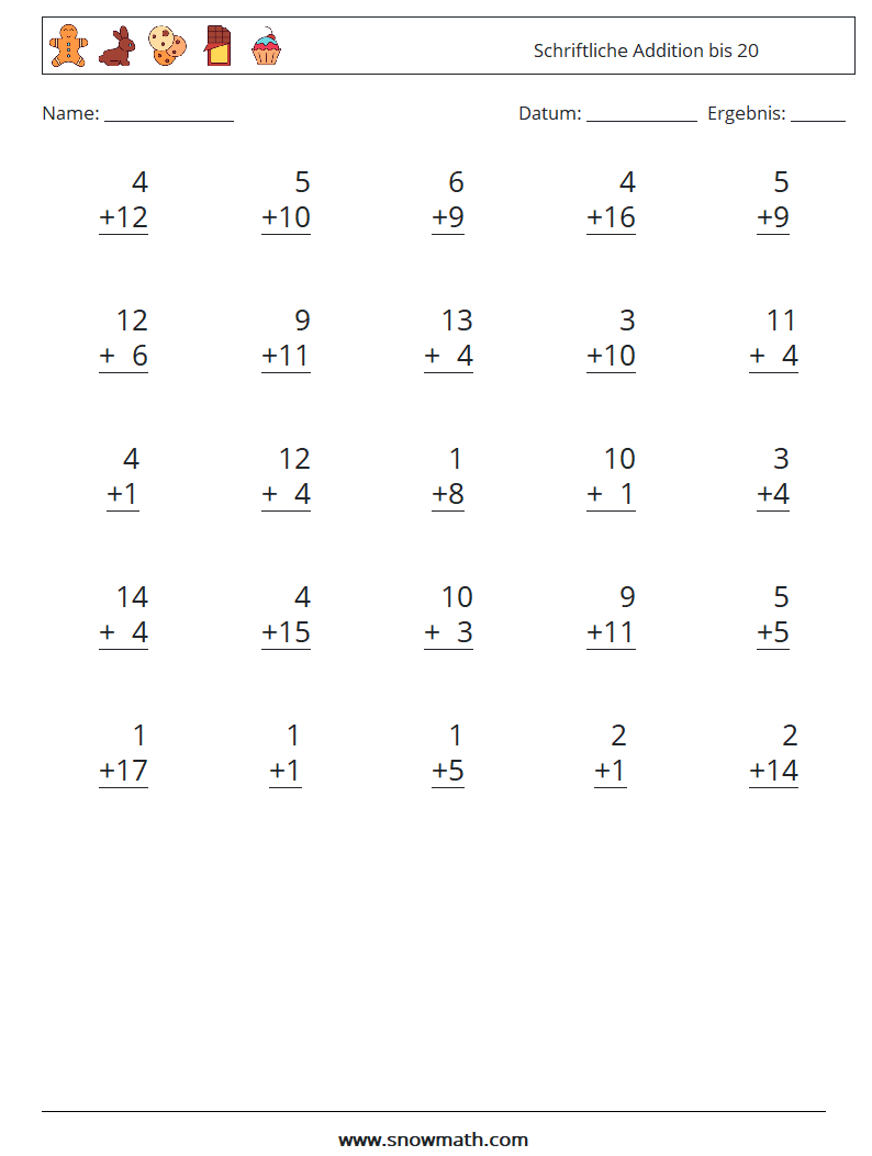 (25) Schriftliche Addition bis 20 Mathe-Arbeitsblätter 8