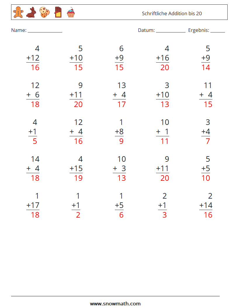 (25) Schriftliche Addition bis 20 Mathe-Arbeitsblätter 8 Frage, Antwort