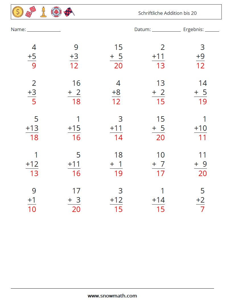 (25) Schriftliche Addition bis 20 Mathe-Arbeitsblätter 9 Frage, Antwort