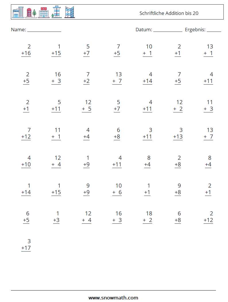 (50) Schriftliche Addition bis 20 Mathe-Arbeitsblätter 1