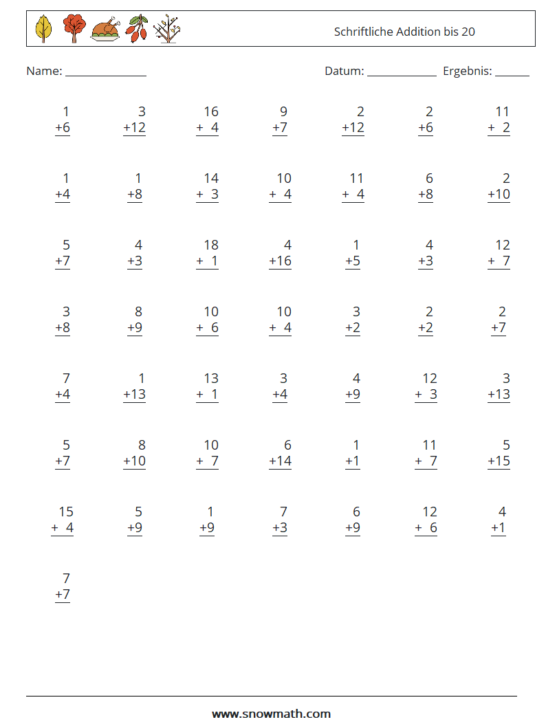 (50) Schriftliche Addition bis 20 Mathe-Arbeitsblätter 10