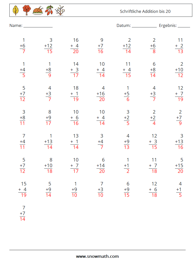 (50) Schriftliche Addition bis 20 Mathe-Arbeitsblätter 10 Frage, Antwort