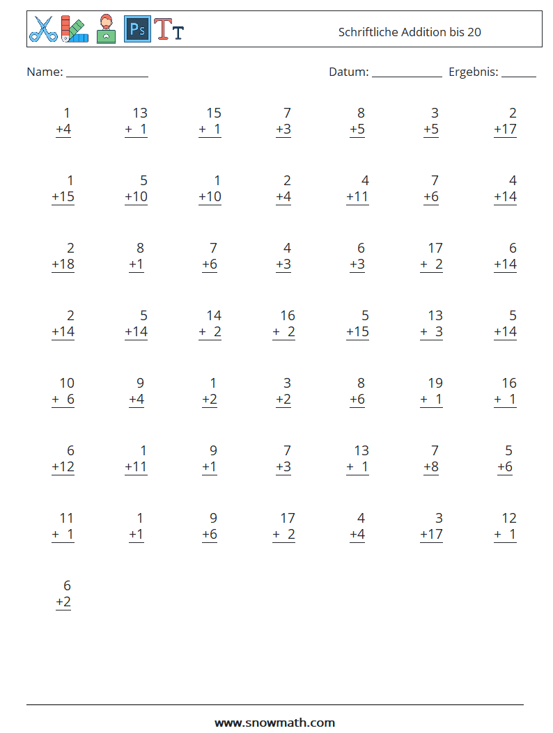 (50) Schriftliche Addition bis 20 Mathe-Arbeitsblätter 11