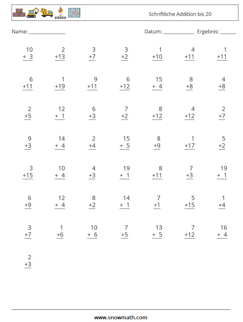 (50) Schriftliche Addition bis 20 Mathe-Arbeitsblätter 12
