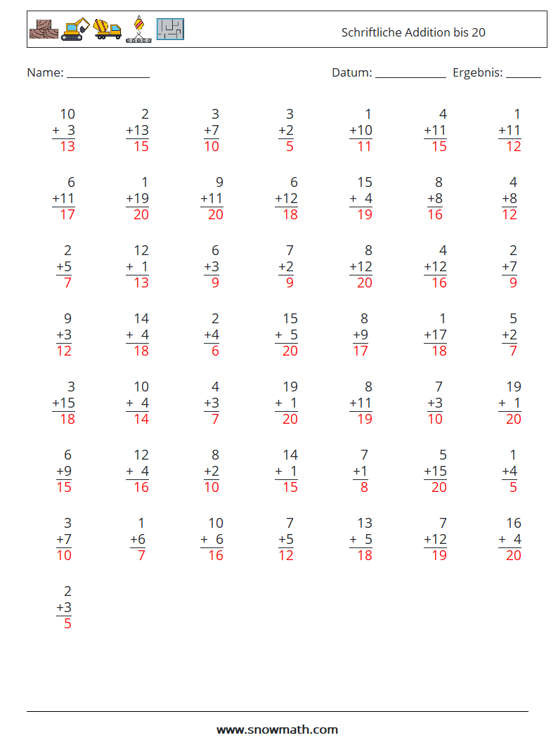 (50) Schriftliche Addition bis 20 Mathe-Arbeitsblätter 12 Frage, Antwort