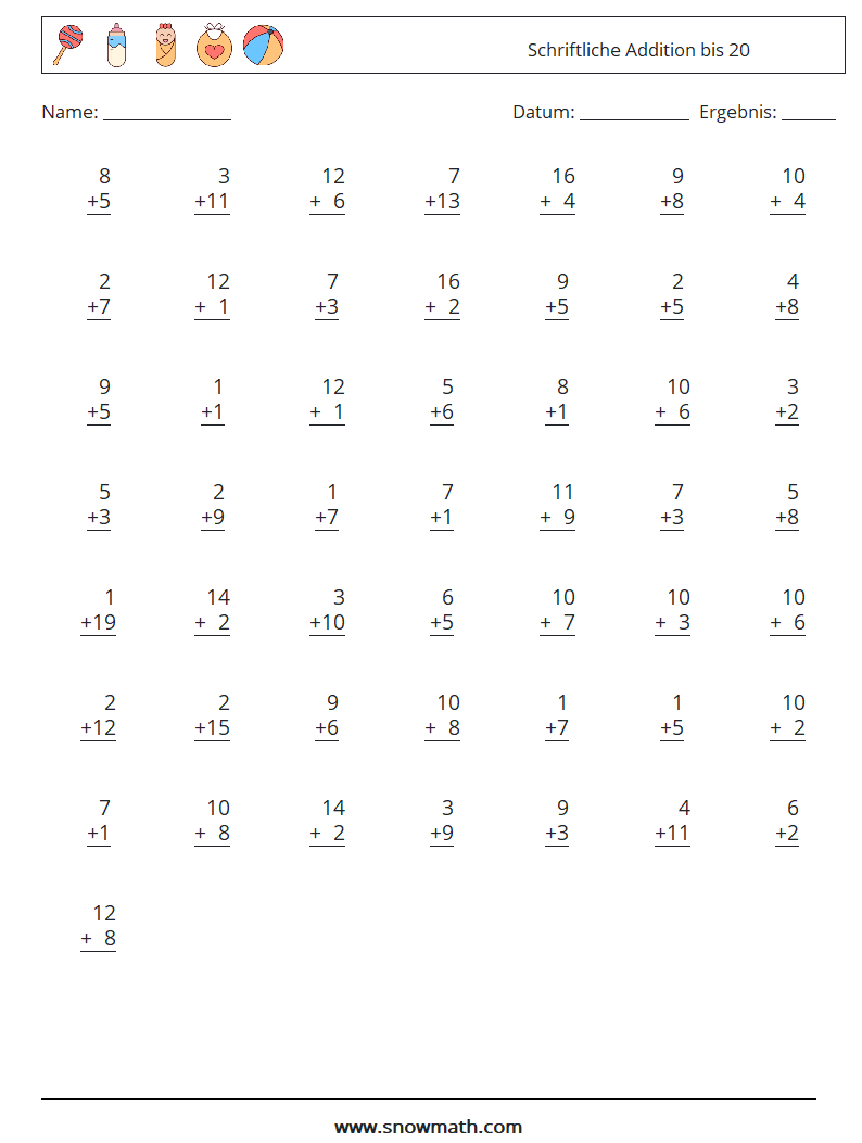(50) Schriftliche Addition bis 20 Mathe-Arbeitsblätter 13