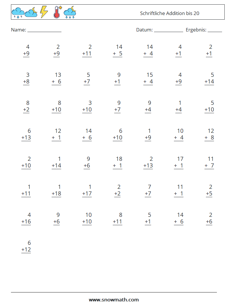 (50) Schriftliche Addition bis 20 Mathe-Arbeitsblätter 14