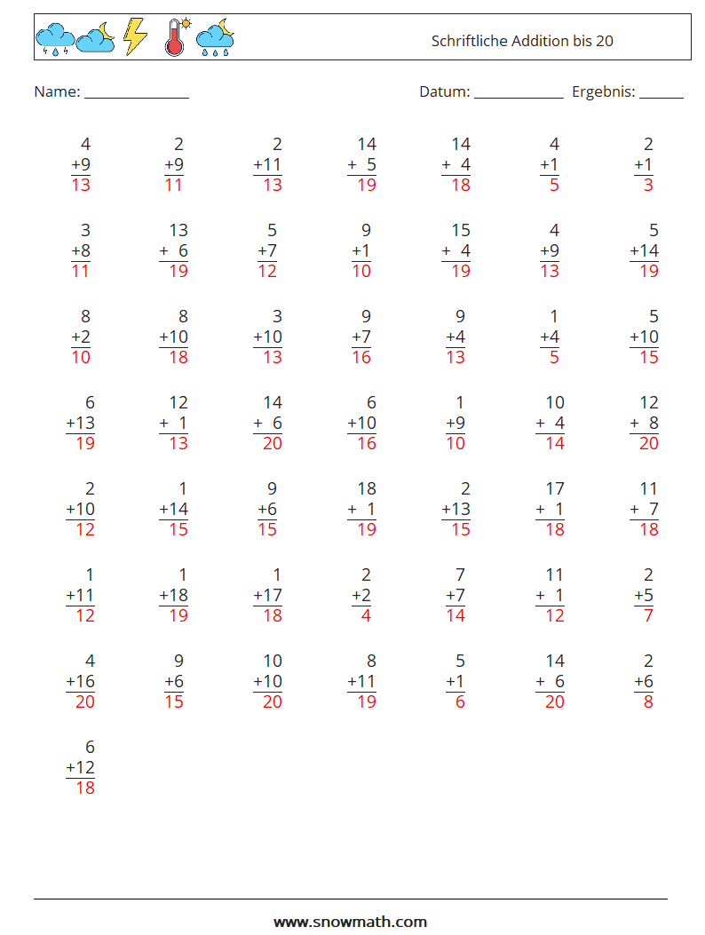 (50) Schriftliche Addition bis 20 Mathe-Arbeitsblätter 14 Frage, Antwort