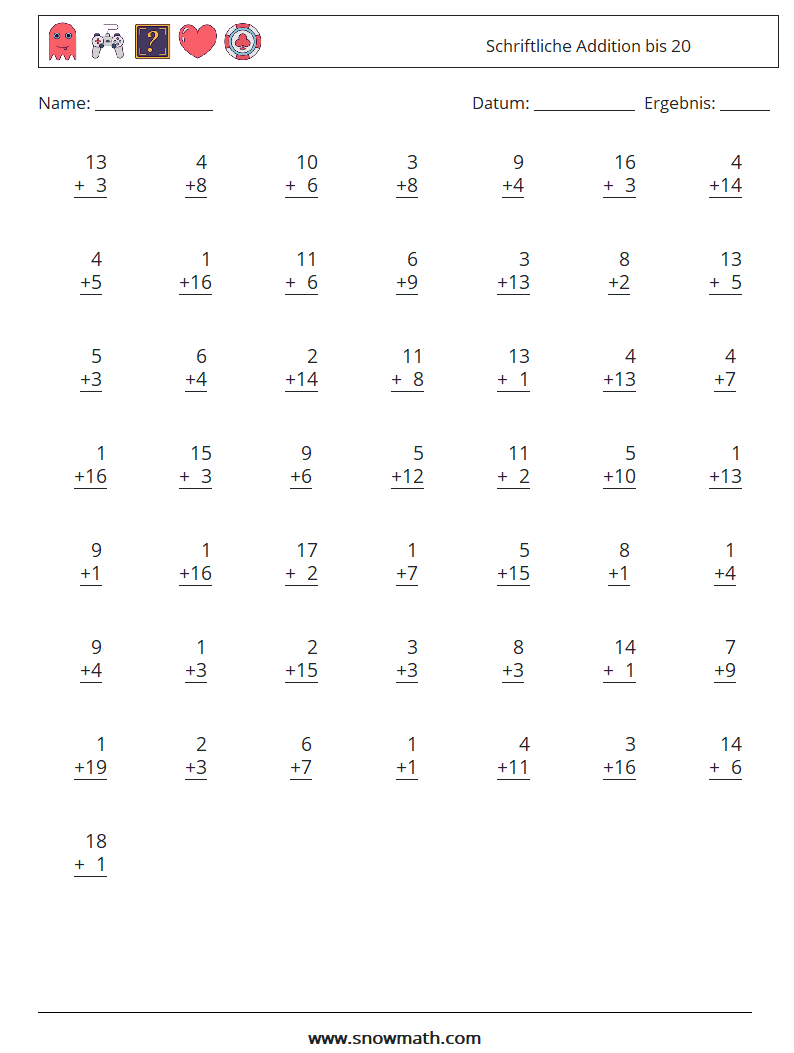 (50) Schriftliche Addition bis 20 Mathe-Arbeitsblätter 15