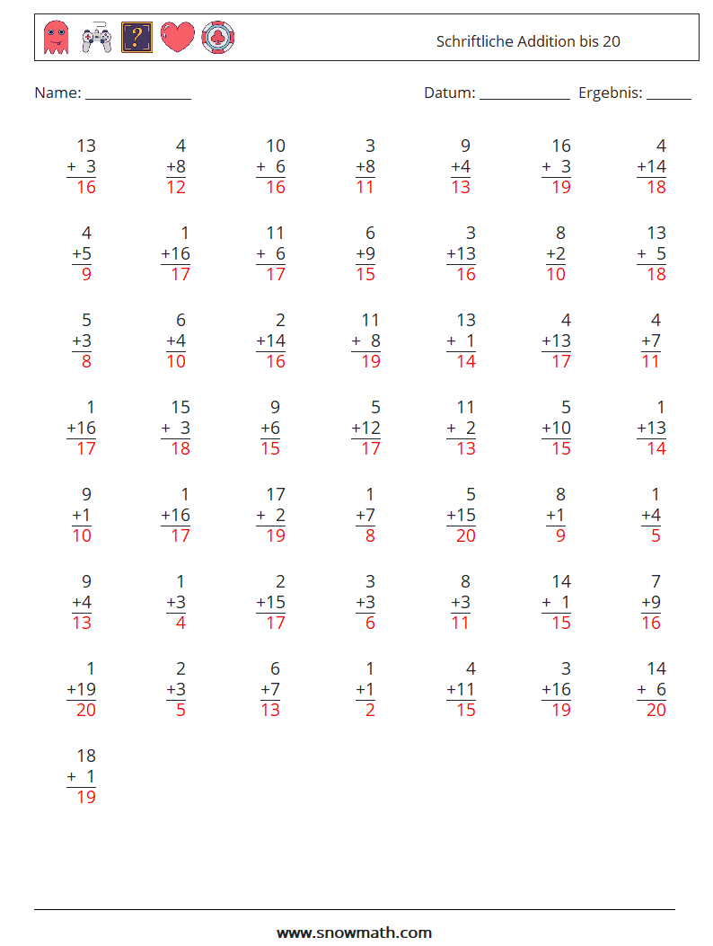 (50) Schriftliche Addition bis 20 Mathe-Arbeitsblätter 15 Frage, Antwort