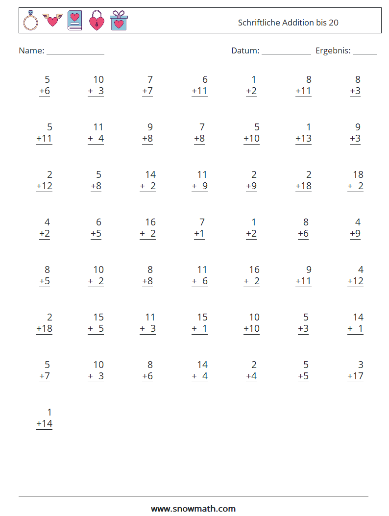 (50) Schriftliche Addition bis 20 Mathe-Arbeitsblätter 16