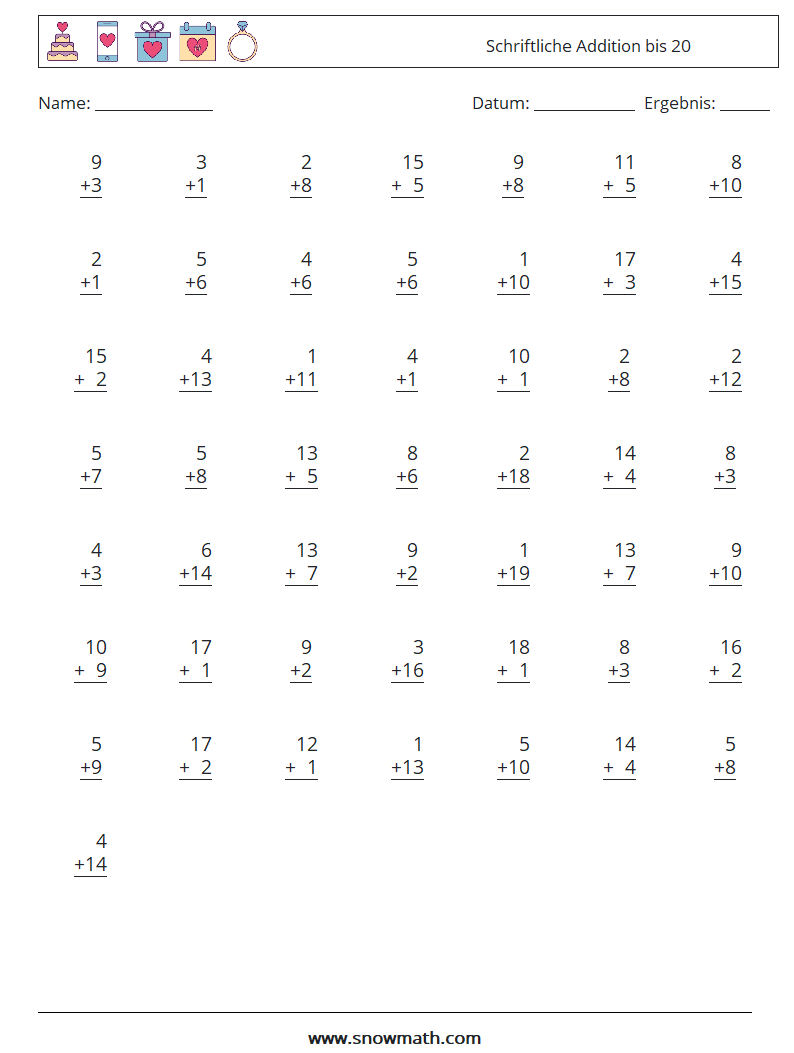 (50) Schriftliche Addition bis 20 Mathe-Arbeitsblätter 17