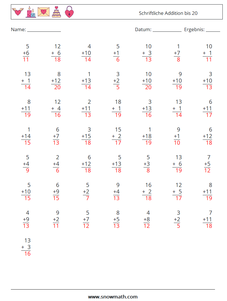 (50) Schriftliche Addition bis 20 Mathe-Arbeitsblätter 18 Frage, Antwort