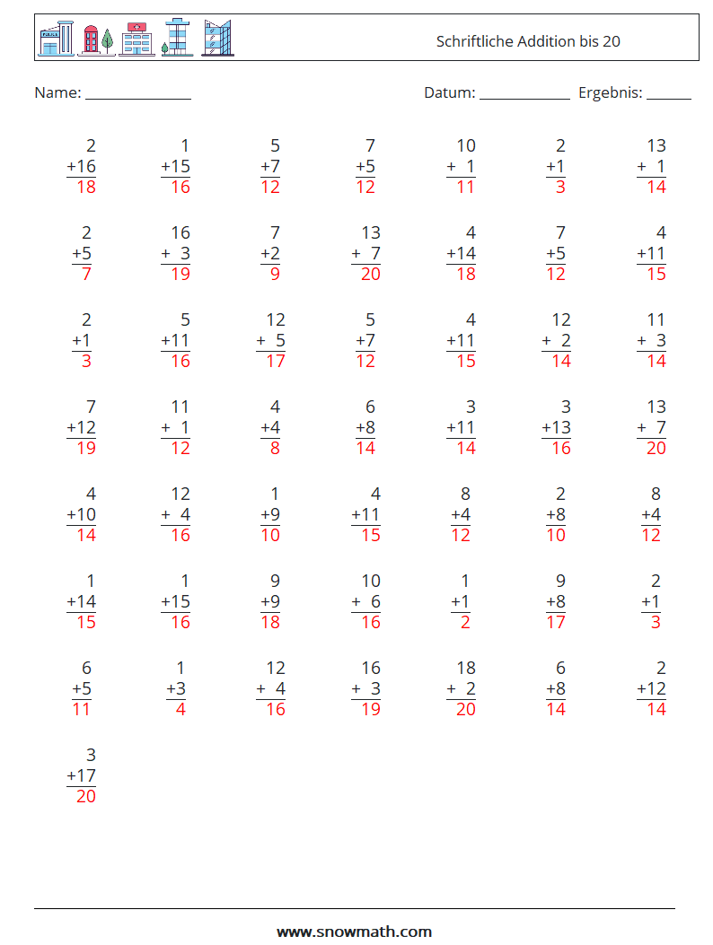 (50) Schriftliche Addition bis 20 Mathe-Arbeitsblätter 1 Frage, Antwort