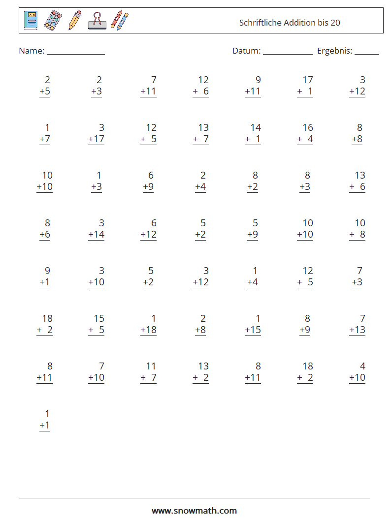 (50) Schriftliche Addition bis 20 Mathe-Arbeitsblätter 2