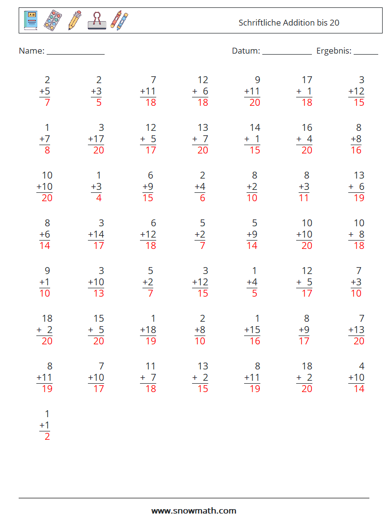 (50) Schriftliche Addition bis 20 Mathe-Arbeitsblätter 2 Frage, Antwort