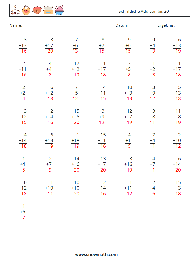 (50) Schriftliche Addition bis 20 Mathe-Arbeitsblätter 3 Frage, Antwort