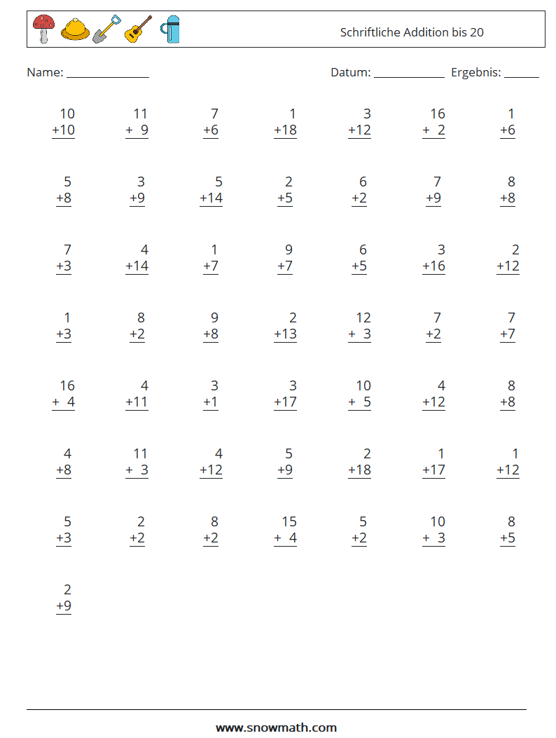 (50) Schriftliche Addition bis 20 Mathe-Arbeitsblätter 4
