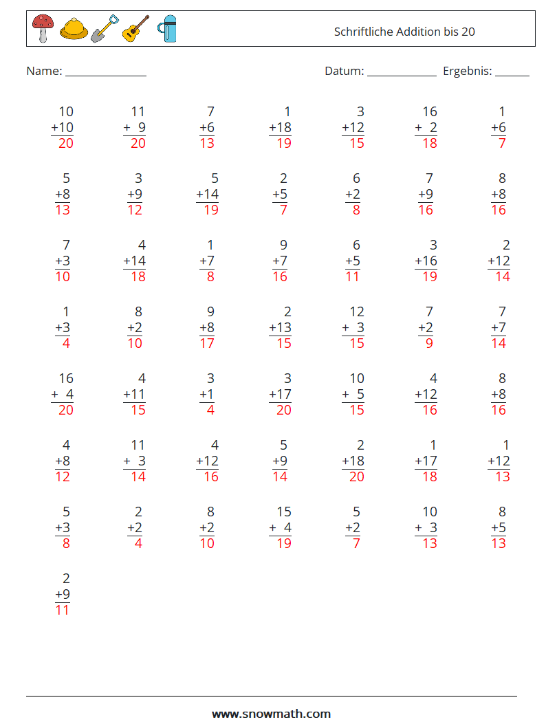 (50) Schriftliche Addition bis 20 Mathe-Arbeitsblätter 4 Frage, Antwort