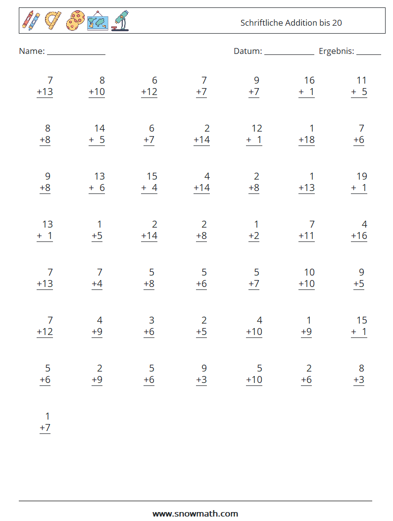 (50) Schriftliche Addition bis 20 Mathe-Arbeitsblätter 5