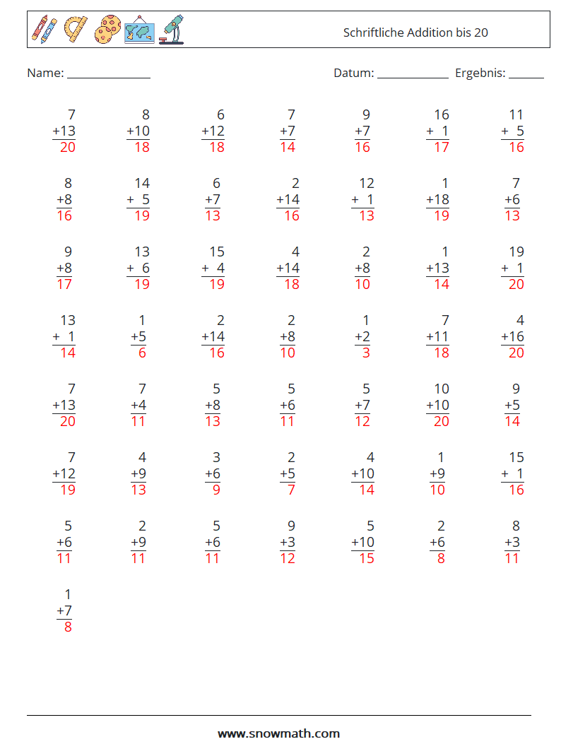 (50) Schriftliche Addition bis 20 Mathe-Arbeitsblätter 5 Frage, Antwort